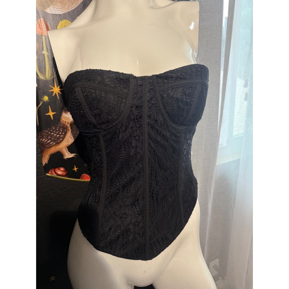 Miss Ord Black Lace Corset Top Strapless Boned Sweetheart Bustier Gold Zip Large